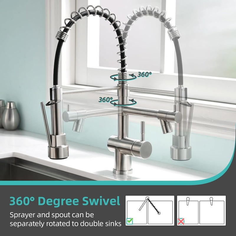 kicimpro Faucet for Kitchen Sink, Commercial Kitchen Faucet with Pull Down Sprayer Brushed Nickel Spring Single Handle High Arc Stainless Steel Kitchen Bar Sink Faucet 1 Hole Or 3 Hole Compatible - Image 4